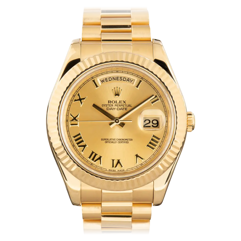 Rolex Day-Date II 218238 with a champagne dial with Roman numerals and fluted bezel in yellow gold on a President bracelet, a pre-owned example, front view of the whole watch