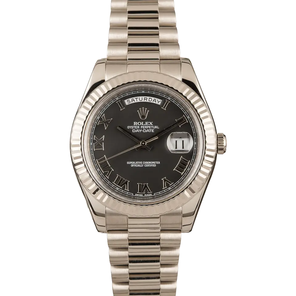 Rolex Day-Date II 218239 with a dark grey dial with Roman numerals and fluted bezel in white gold on a President bracelet, a pre-owned example, front view of the whole watch