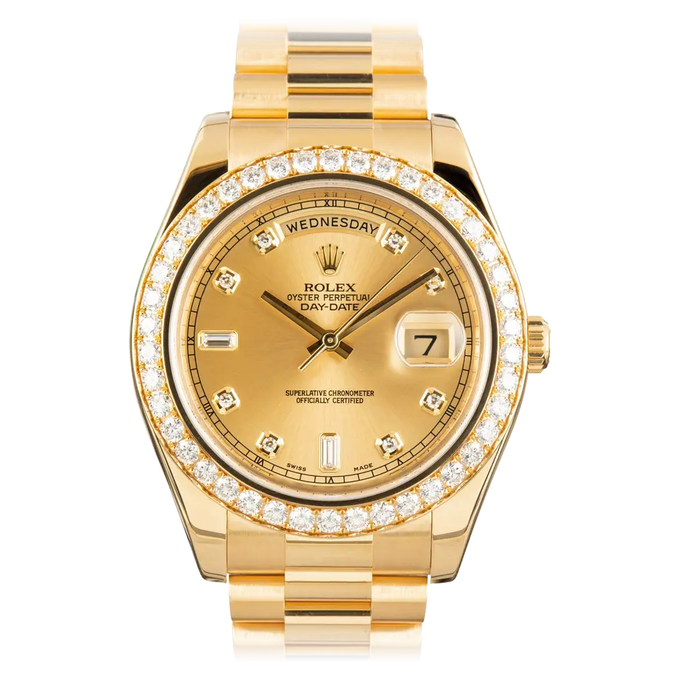 Rolex Day-Date II 218348 with a champagne dial with diamond hour markers, diamond-set bezel and yellow gold President bracelet, a pre-owned example, front view of the whole watch