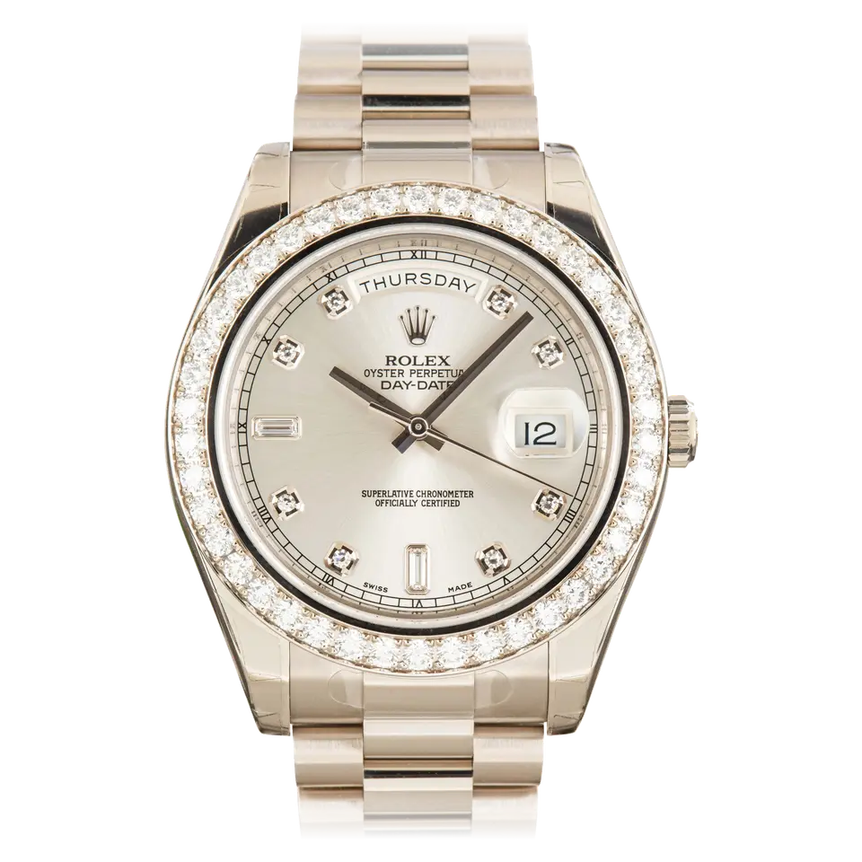 Rolex Day-Date II 218349 with a silver dial with diamond markers and diamond-set bezel in white gold on a President bracelet, a pre-owned example, front view of the whole watch