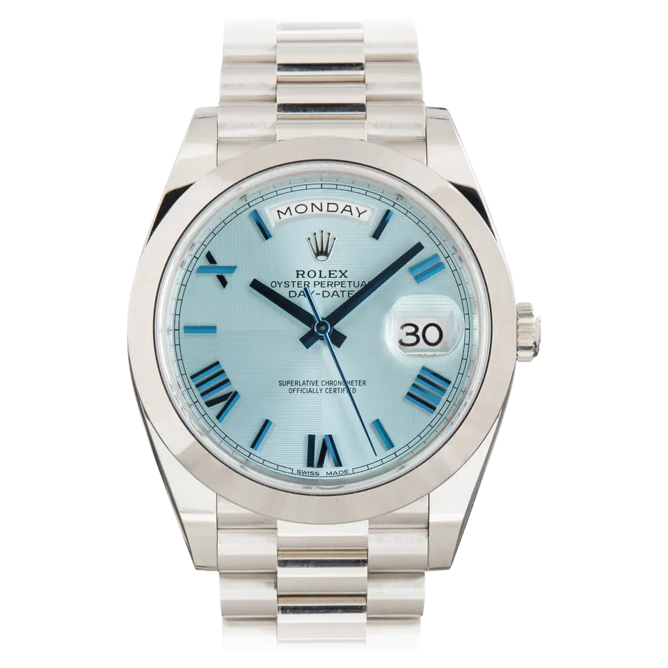 Rolex Day-Date 40 228206 with an ice blue dial with Roman numerals and smooth bezel in platinum on a President bracelet, a pre-owned example, front view of the whole watch