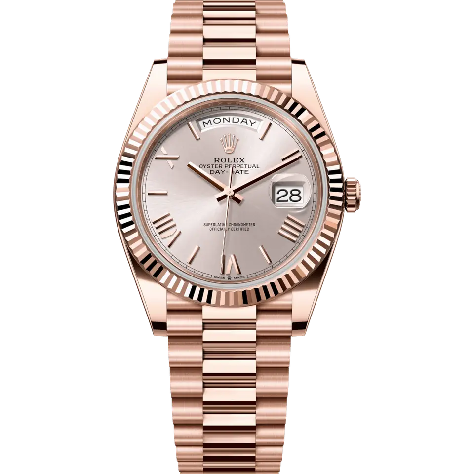 Rolex Day-Date 40 228235 with a sundust dial with Roman numerals and a fluted Everose gold bezel on an Everose President bracelet, front view