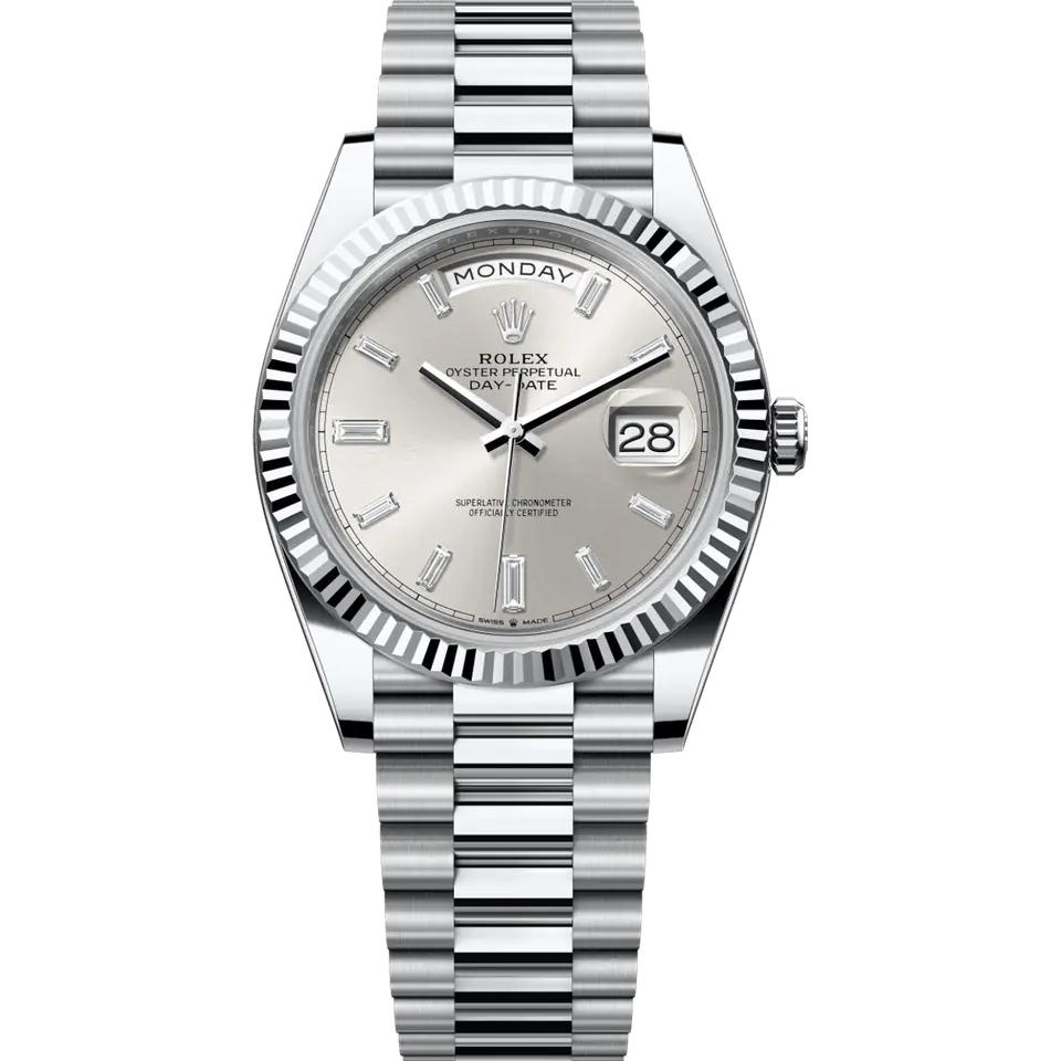Rolex Day-Date 40 228236 with a silver-toned dial with baguette diamond markers and a fluted platinum bezel on a platinum President bracelet, front view