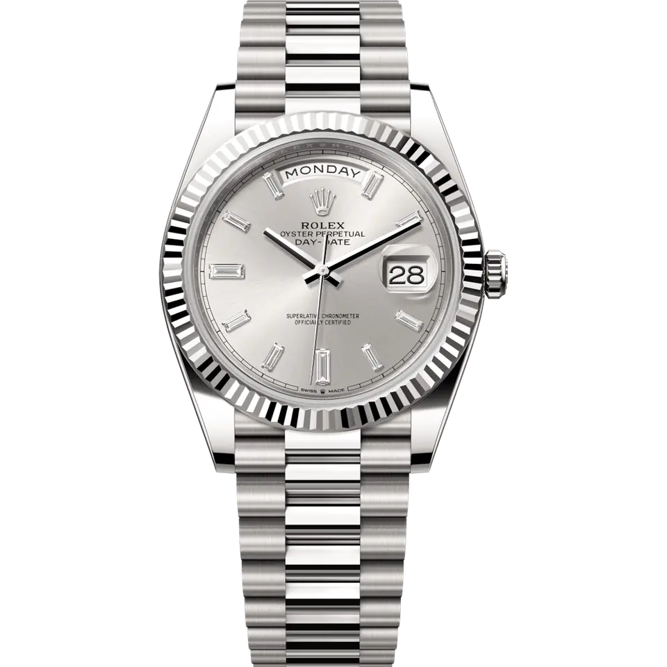 Rolex Day-Date 40 228239 with a silver dial with baguette diamond markers and a fluted white gold bezel on a white gold President bracelet, front view