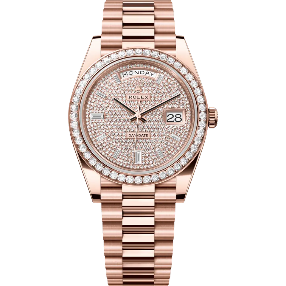 Rolex Day-Date 40 228345RBR with a diamond-paved dial and a diamond-set bezel on an Everose gold President bracelet, front view