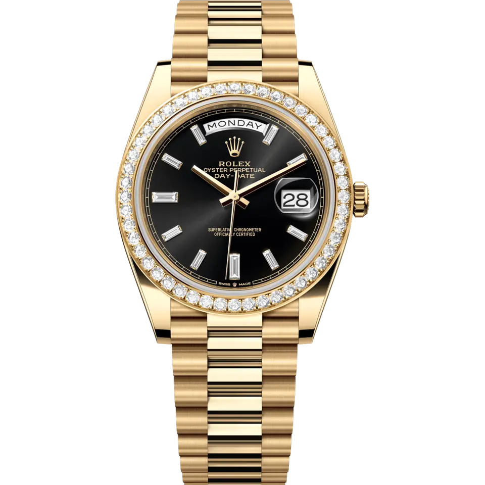 Rolex Day-Date 40 228348RBR with a black dial with diamond markers and a diamond-set yellow gold bezel on a yellow gold President bracelet, front view