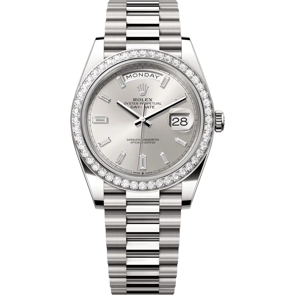 Rolex Day-Date 40 228349RBR with a silver dial with baguette diamond markers and a diamond-set bezel on a white gold President bracelet, front view