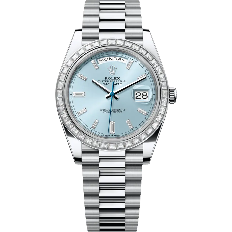Rolex Day-Date 40 228396TBR with an ice-blue dial with baguette diamond markers and a baguette diamond bezel on a platinum President bracelet, front view