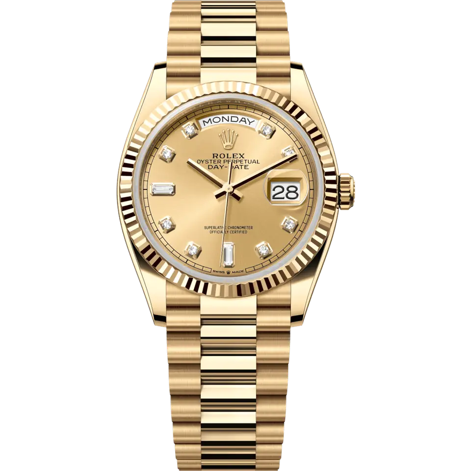Rolex Day-Date 36 128238 in yellow gold with a champagne dial set with diamond hour markers, fluted bezel and President bracelet, front view