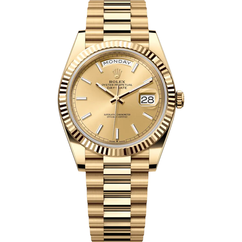 Rolex Day-Date 40 228238 in yellow gold with a champagne dial, day window, fluted bezel and President bracelet, front view