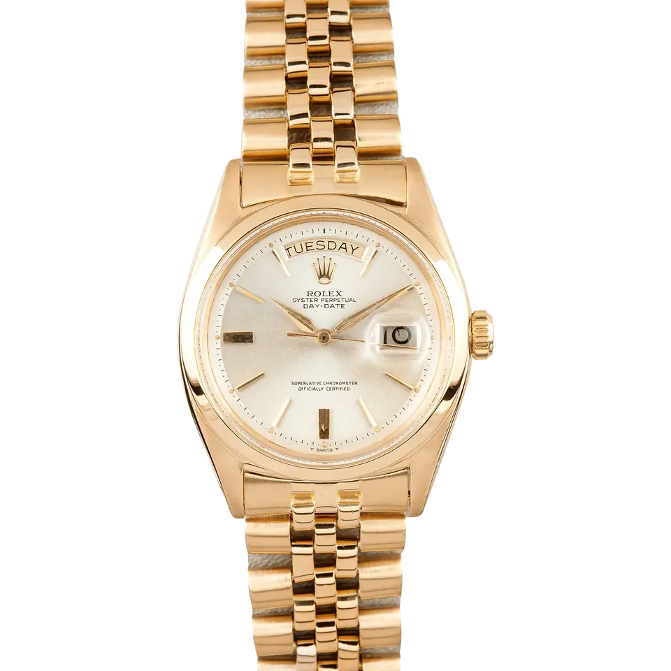 Rolex Day-Date 6612 with a silver dial with baton markers and a smooth yellow gold bezel on a yellow gold President bracelet, a pre-owned example, front view of the whole watch