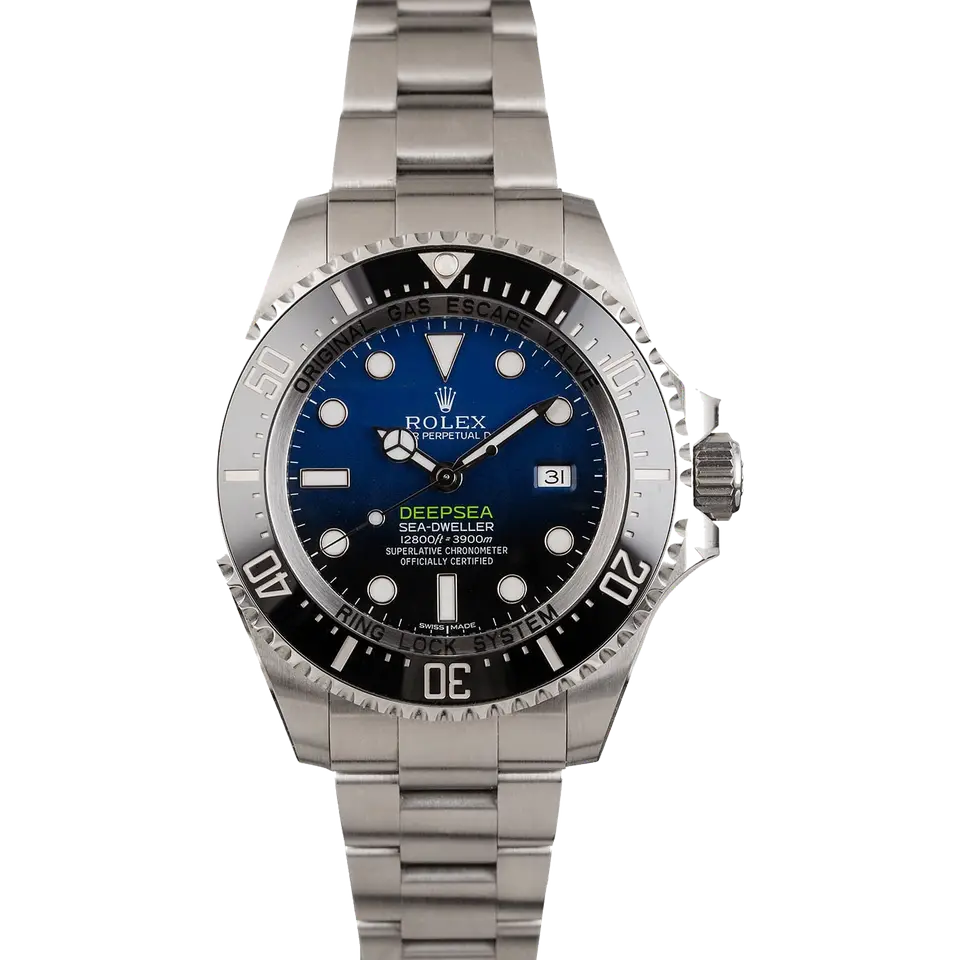 Rolex Sea-Dweller Deepsea 116660 with a D-Blue gradient dial and black ceramic diving bezel on a steel Oyster bracelet, a pre-owned example, front view of the whole watch