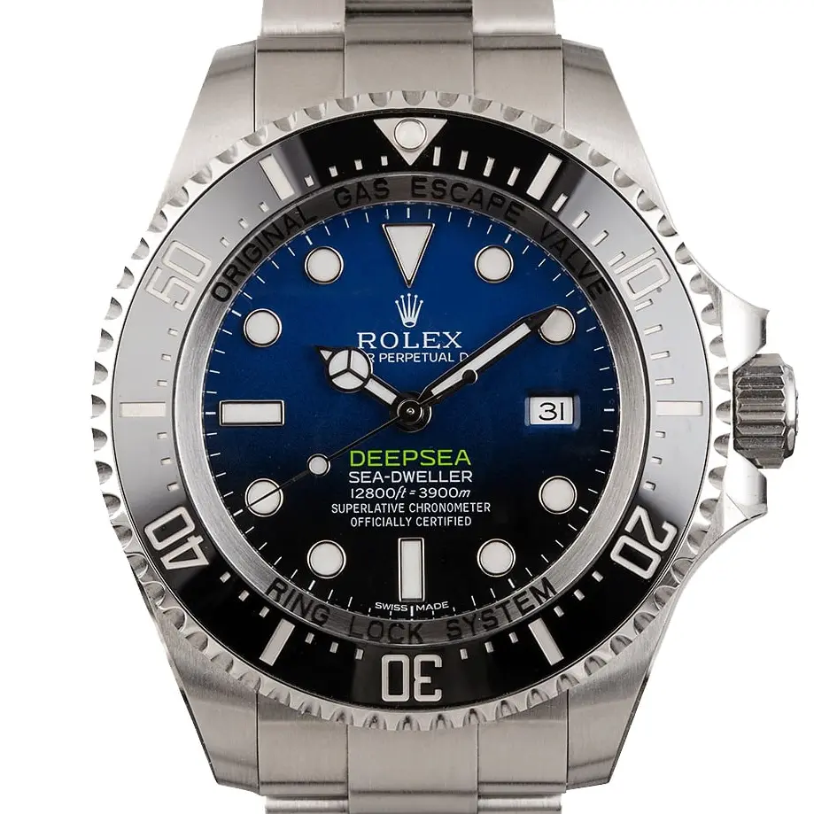 Rolex Sea-Dweller Deepsea 116660 with a D-Blue gradient dial and black ceramic diving bezel on a steel Oyster bracelet, a pre-owned example, studio close-up of the case