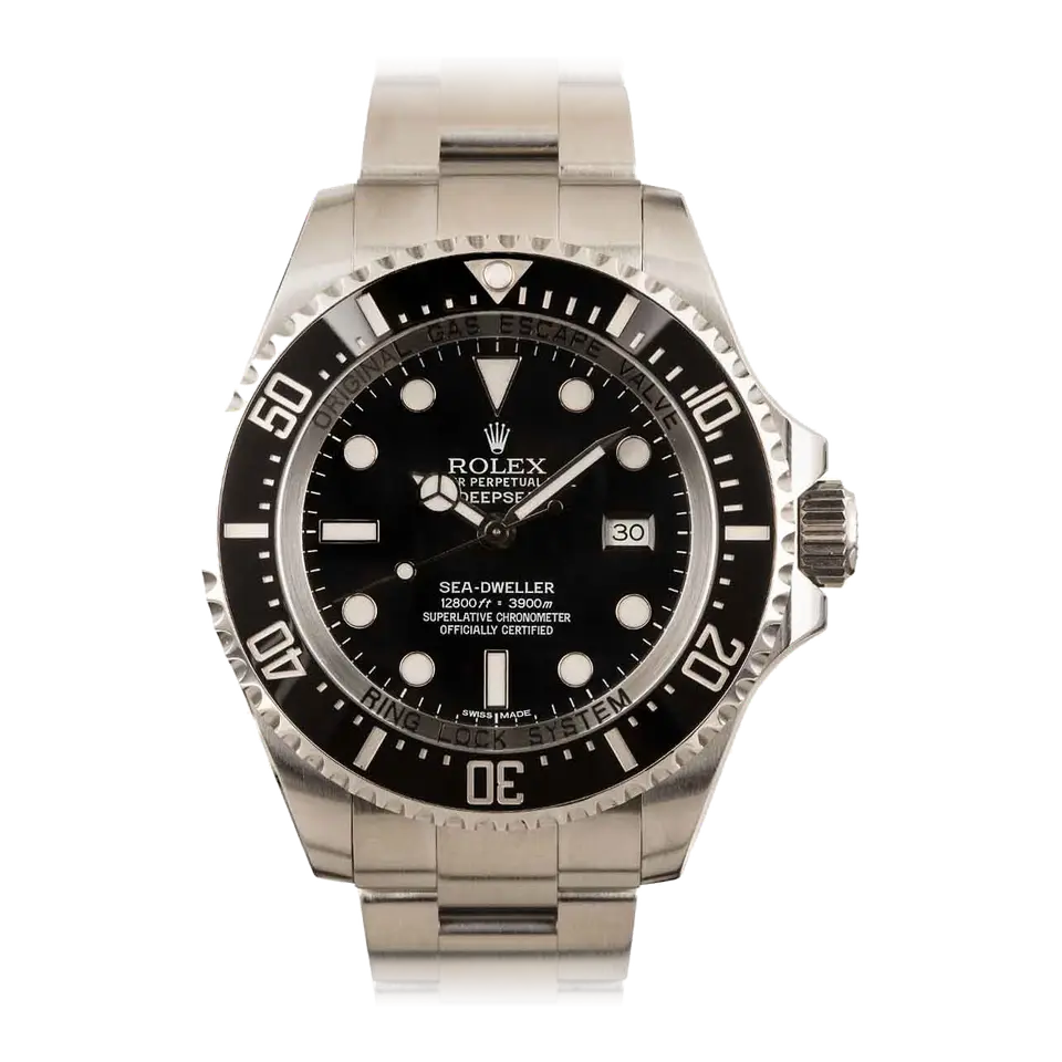 Rolex Sea-Dweller Deepsea 116660 with a black dial and black ceramic diving bezel on a steel Oyster bracelet, a pre-owned example, front view of the whole watch