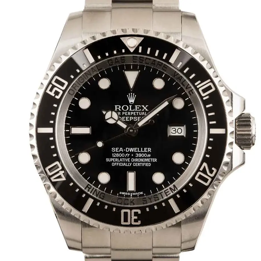 Rolex Sea-Dweller Deepsea 116660 with a black dial and black ceramic diving bezel on a steel Oyster bracelet, a pre-owned example, studio close-up of the case