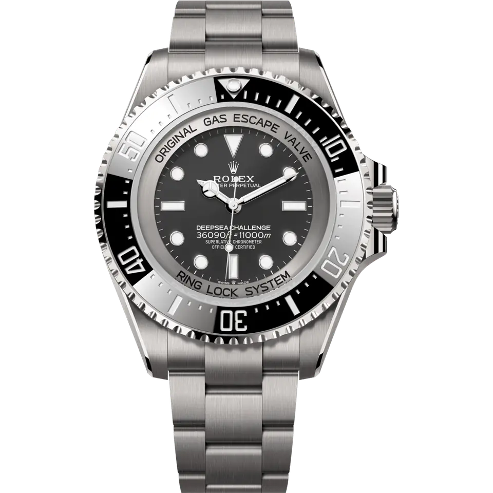 Rolex Deepsea Challenge 126067 with a black dial and a black ceramic diving bezel on an RLX titanium Oyster bracelet, front view