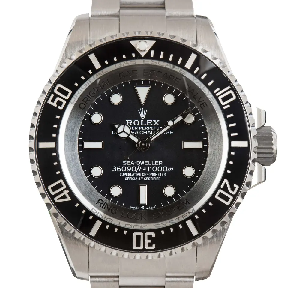 Rolex Deepsea Challenge 126067 with a black dial and a black ceramic diving bezel, a pre-owned example, studio close-up of the case