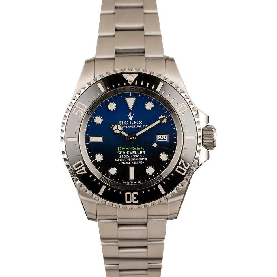 Rolex Sea-Dweller Deepsea 126660 with a D-Blue gradient dial and black ceramic diving bezel on a steel Oyster bracelet, a pre-owned example, front view of the whole watch