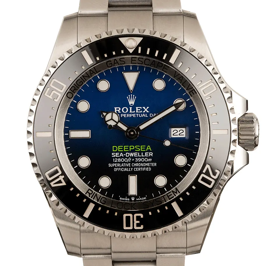 Rolex Sea-Dweller Deepsea 126660 with a D-Blue gradient dial and black ceramic diving bezel on a steel Oyster bracelet, a pre-owned example, studio close-up of the case