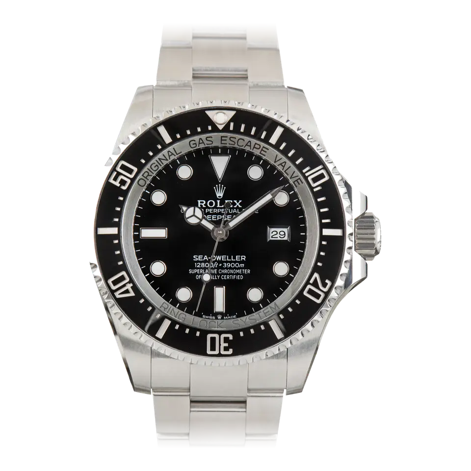 Rolex Sea-Dweller Deepsea 126660 with a black dial and black ceramic diving bezel on a steel Oyster bracelet, a pre-owned example, front view of the whole watch