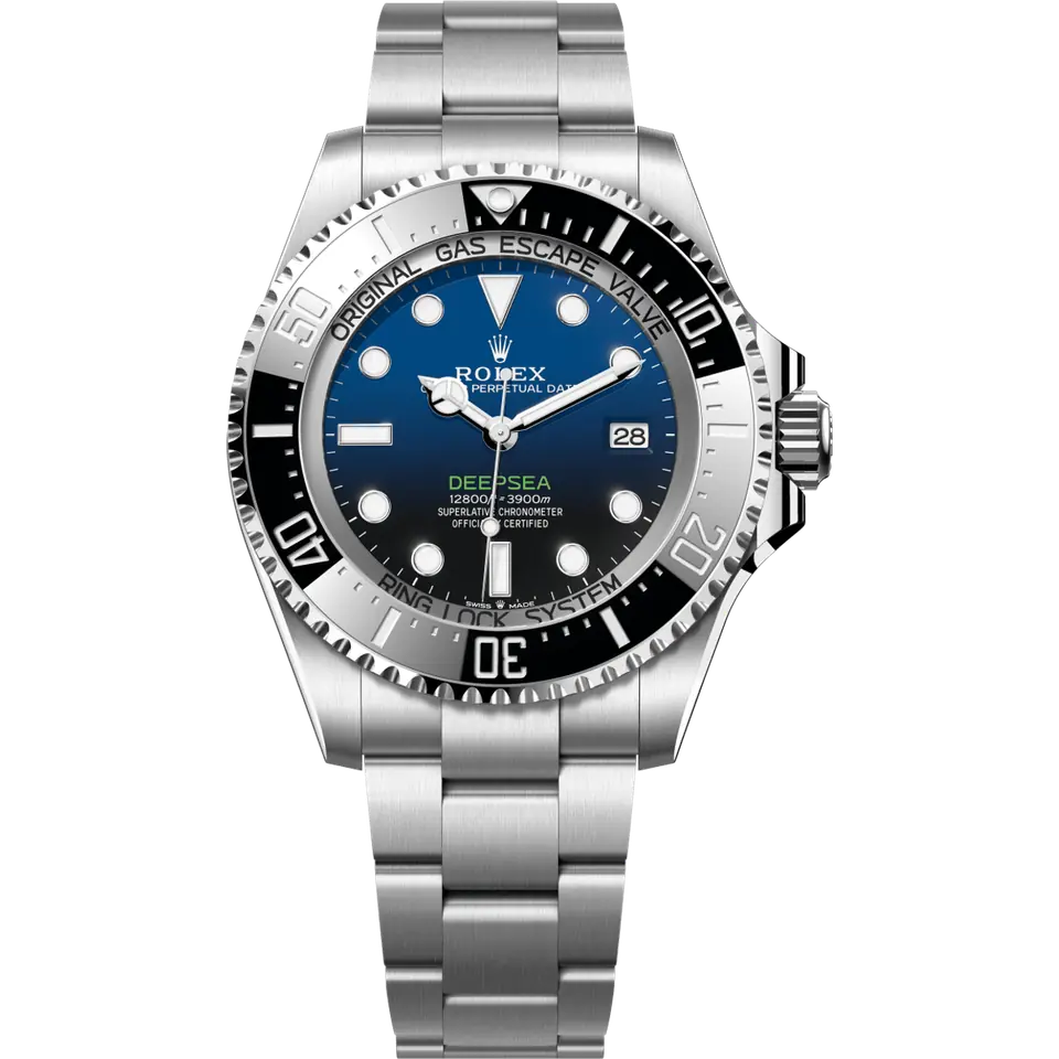 Rolex Deepsea 136660DB with the D-Blue gradient dial and black ceramic bezel on a steel Oyster bracelet, front view
