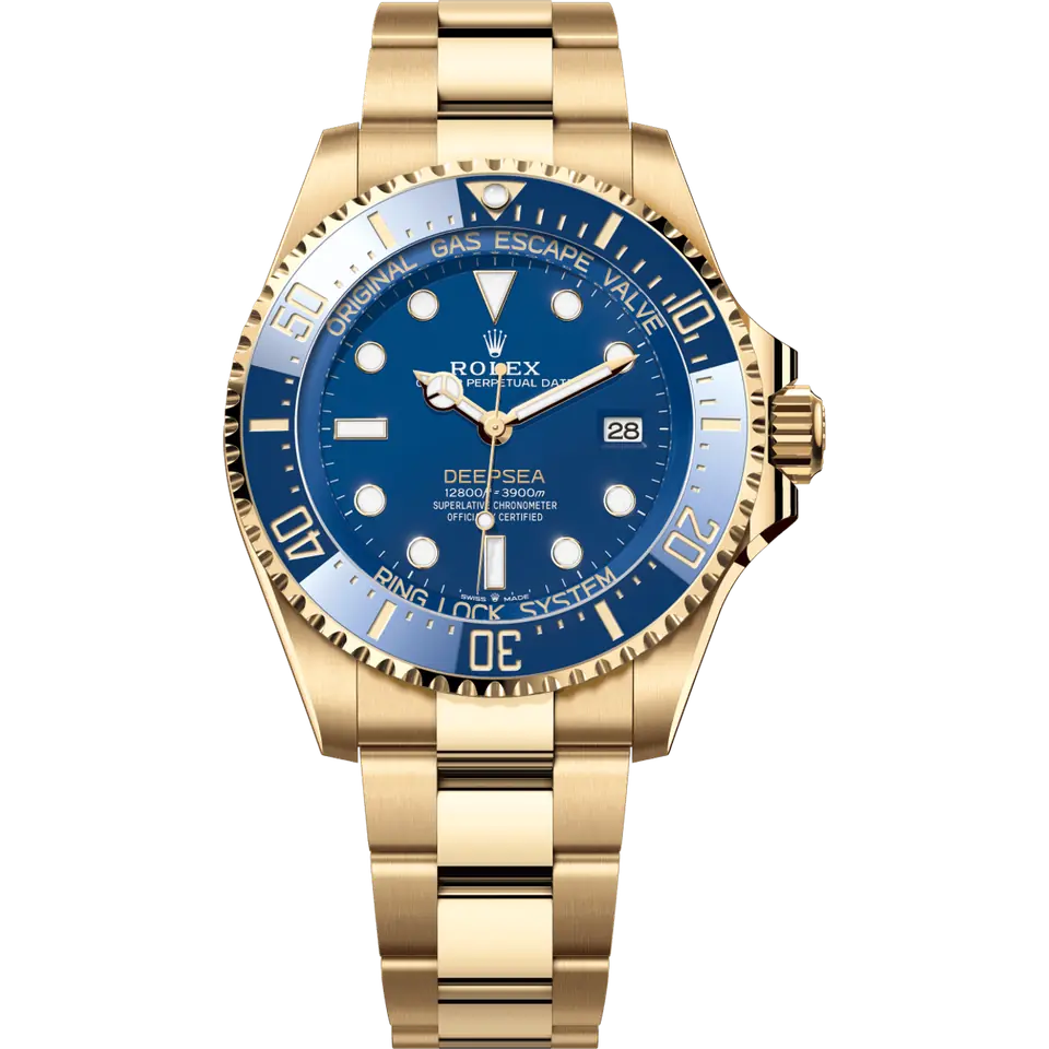 Rolex Deepsea 136668LB with a blue dial and a blue ceramic diving bezel on a yellow gold Oyster bracelet, front view