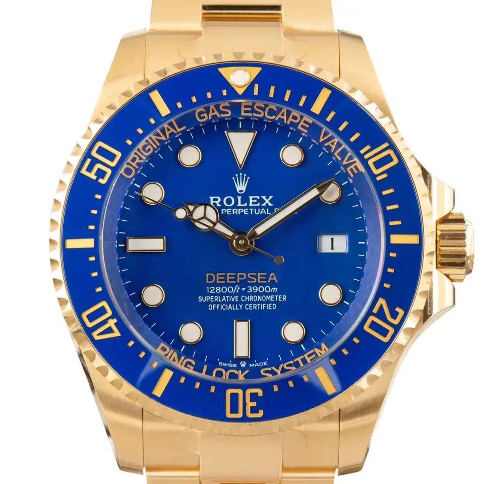 Rolex Deepsea 136668LB with a blue dial and a blue ceramic diving bezel, a pre-owned example, studio close-up of the case