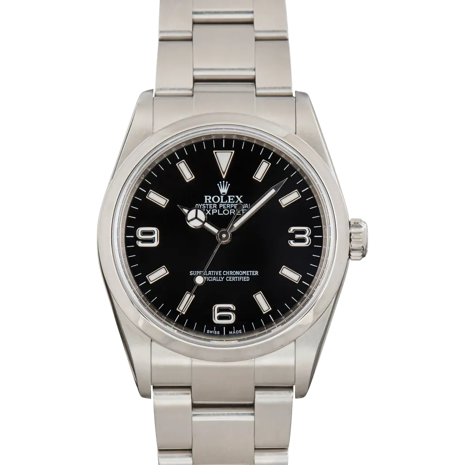 Rolex Explorer 114270 with a black dial with 3, 6 and 9 numerals on a steel Oyster bracelet, a pre-owned example, front view of the whole watch