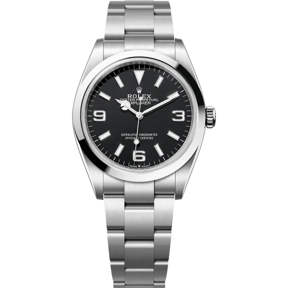 Rolex Explorer 124270 with a black dial, 3, 6 and 9 numerals and a smooth steel bezel on an Oyster bracelet, front view