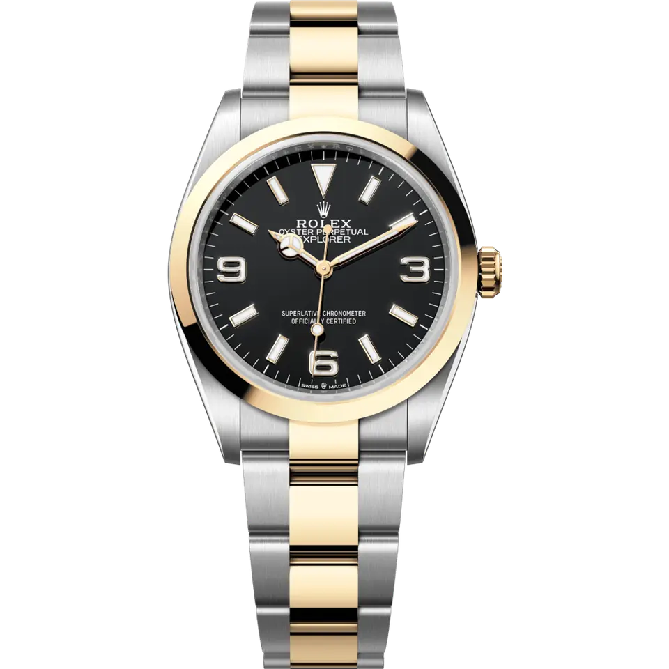 Rolex Explorer 124273 with a black dial with 3, 6 and 9 numerals and a smooth yellow gold bezel on a yellow Rolesor Oyster bracelet, front view