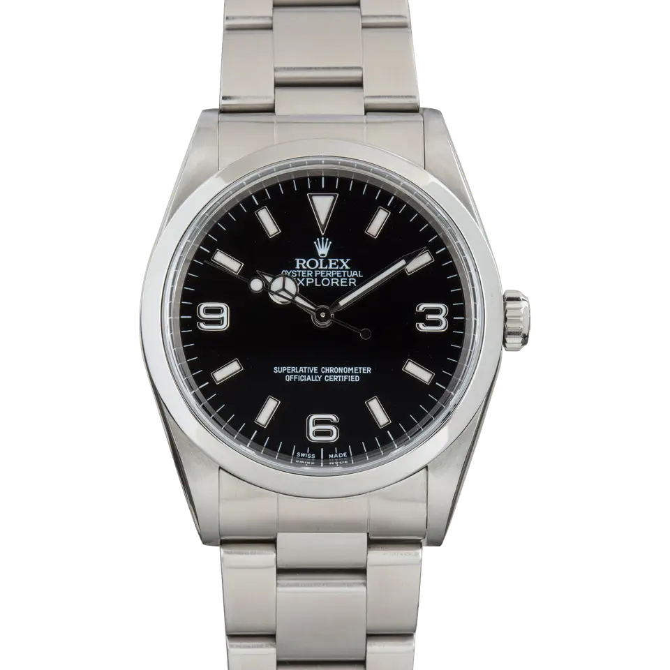 Rolex Explorer 14270 with a black dial with 3, 6 and 9 numerals on a steel Oyster bracelet, a pre-owned example, front view of the whole watch
