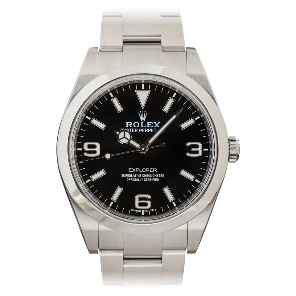 Rolex Explorer 214270 with a black dial with 3, 6 and 9 numerals on a steel Oyster bracelet, a pre-owned example, front view of the whole watch