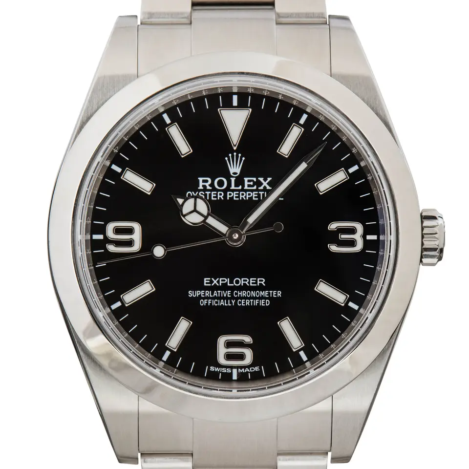 Rolex Explorer 214270 with a black dial with 3, 6 and 9 numerals on a steel Oyster bracelet, a pre-owned example, studio close-up of the case