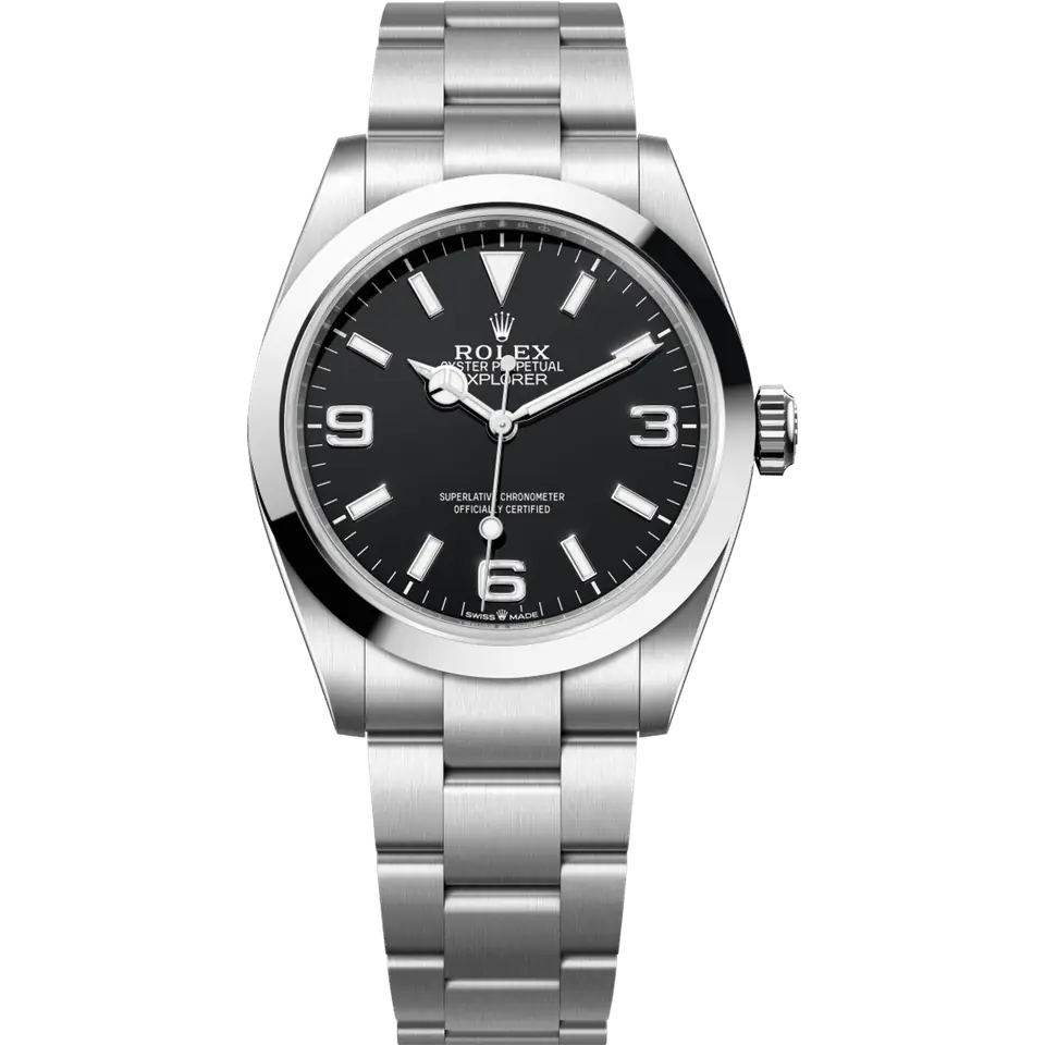 Rolex Explorer 224270 with a black dial with 3, 6 and 9 numerals and a smooth steel bezel on an Oyster bracelet, front view