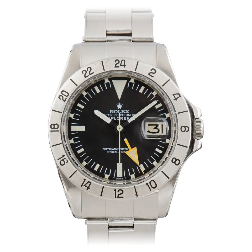 Rolex Explorer II 1655 with a black dial, orange 24-hour hand and fixed steel 24-hour bezel on an Oyster bracelet, a pre-owned example, front view of the whole watch
