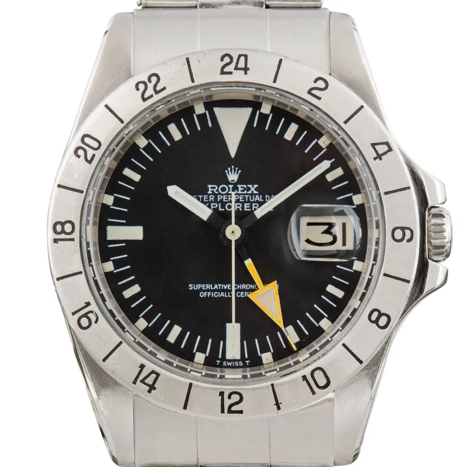 Rolex Explorer II 1655 with a black dial, orange 24-hour hand and fixed steel 24-hour bezel on an Oyster bracelet, a pre-owned example, studio close-up of the case