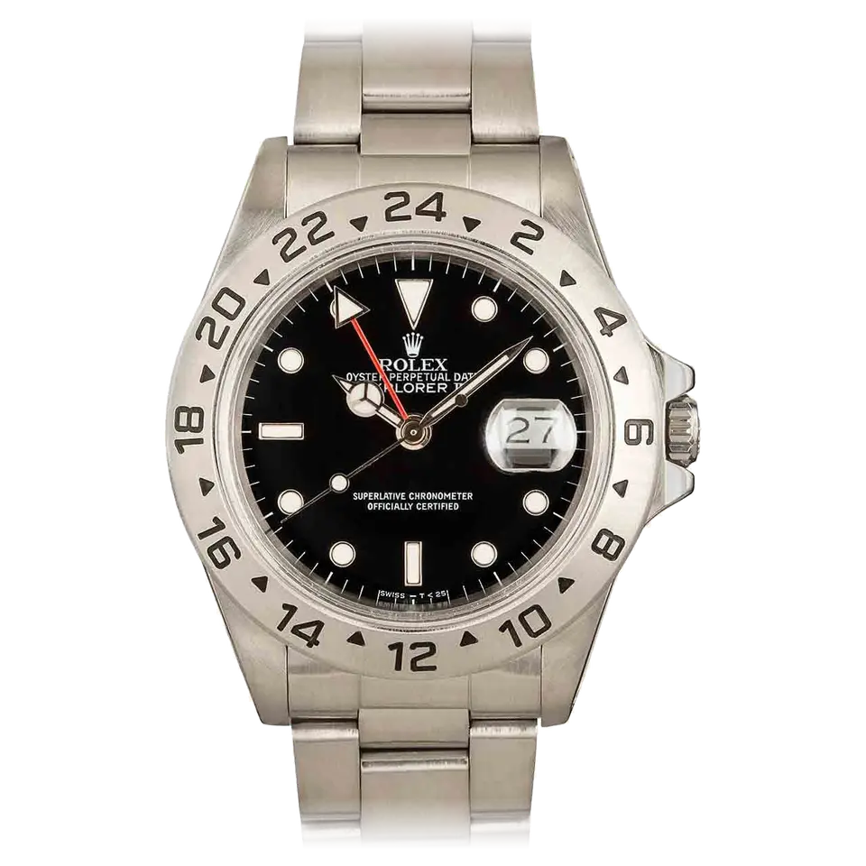 Rolex Explorer II 16550 with a black dial, red 24-hour hand and fixed steel 24-hour bezel on an Oyster bracelet, a pre-owned example, front view of the whole watch