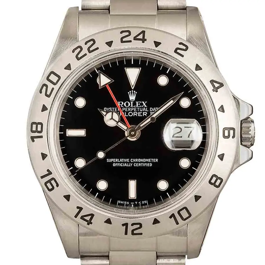 Rolex Explorer II 16550 with a black dial, red 24-hour hand and fixed steel 24-hour bezel on an Oyster bracelet, a pre-owned example, studio close-up of the case