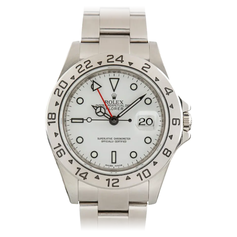 Rolex Explorer II 16570 with a white (Polar) dial, red 24-hour hand and fixed steel 24-hour bezel on an Oyster bracelet, a pre-owned example, front view of the whole watch