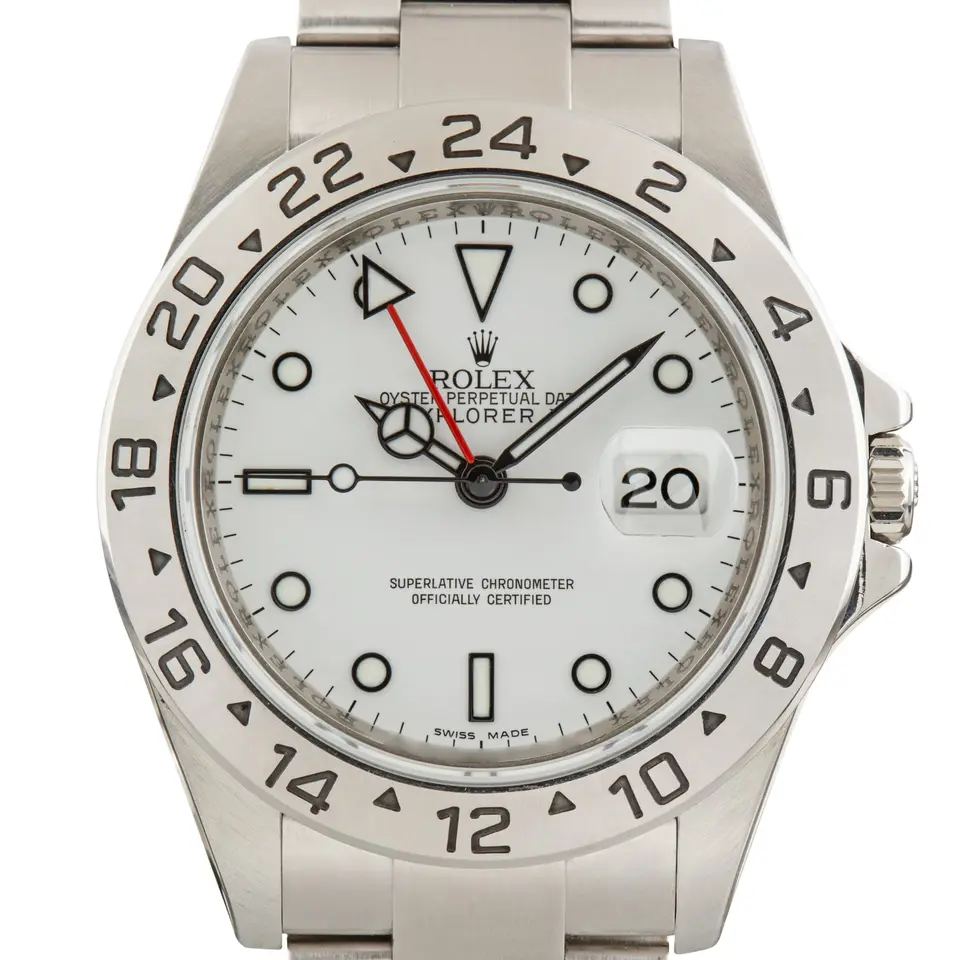 Rolex Explorer II 16570 with a white (Polar) dial, red 24-hour hand and fixed steel 24-hour bezel on an Oyster bracelet, a pre-owned example, studio close-up of the case