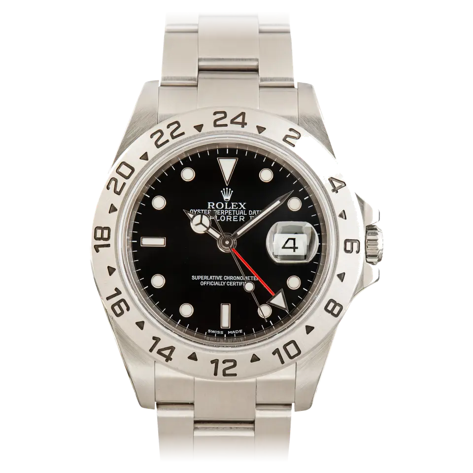 Rolex Explorer II 16570 with a black dial, red 24-hour hand and fixed steel 24-hour bezel on an Oyster bracelet, a pre-owned example, front view of the whole watch