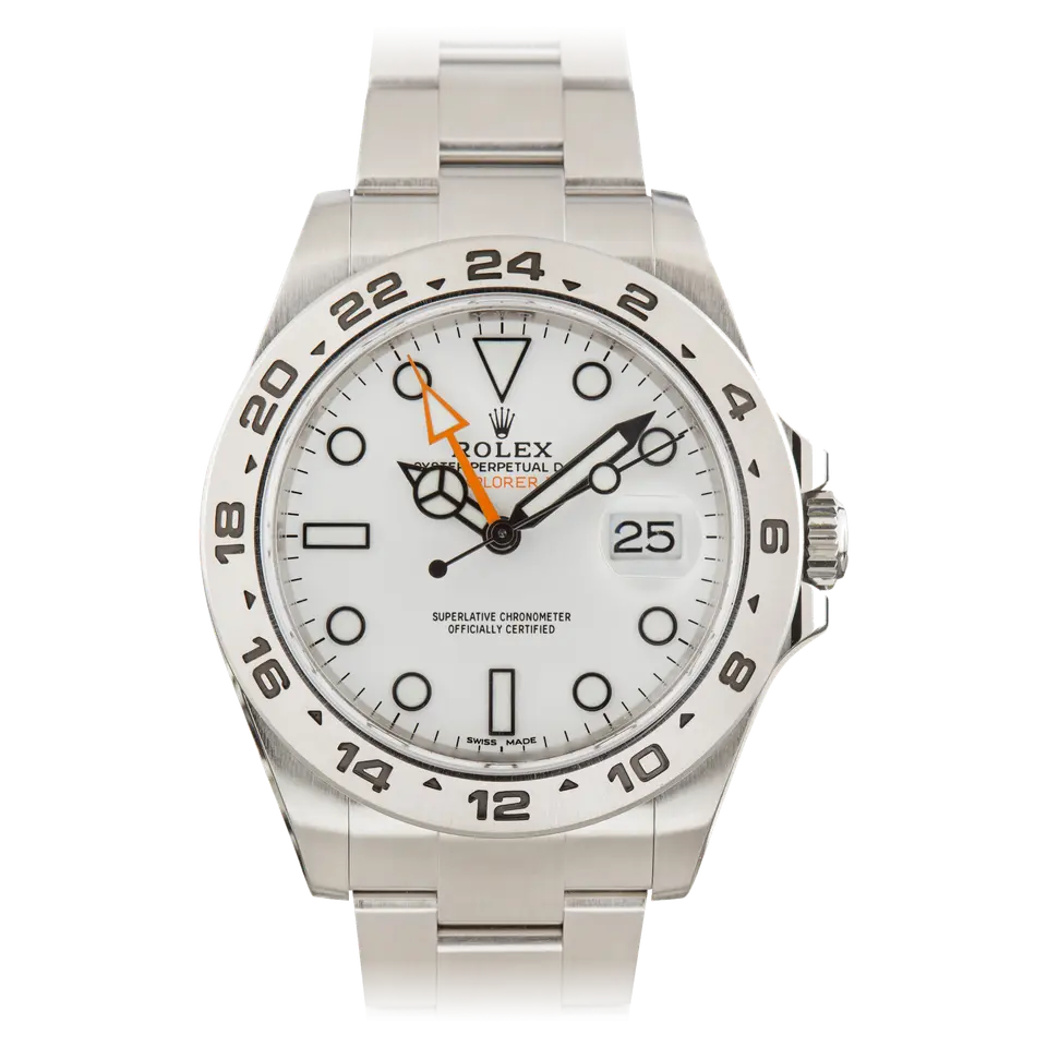 Rolex Explorer II 216570 with a white dial, orange 24-hour hand and fixed steel 24-hour bezel on an Oyster bracelet, a pre-owned example, front view of the whole watch