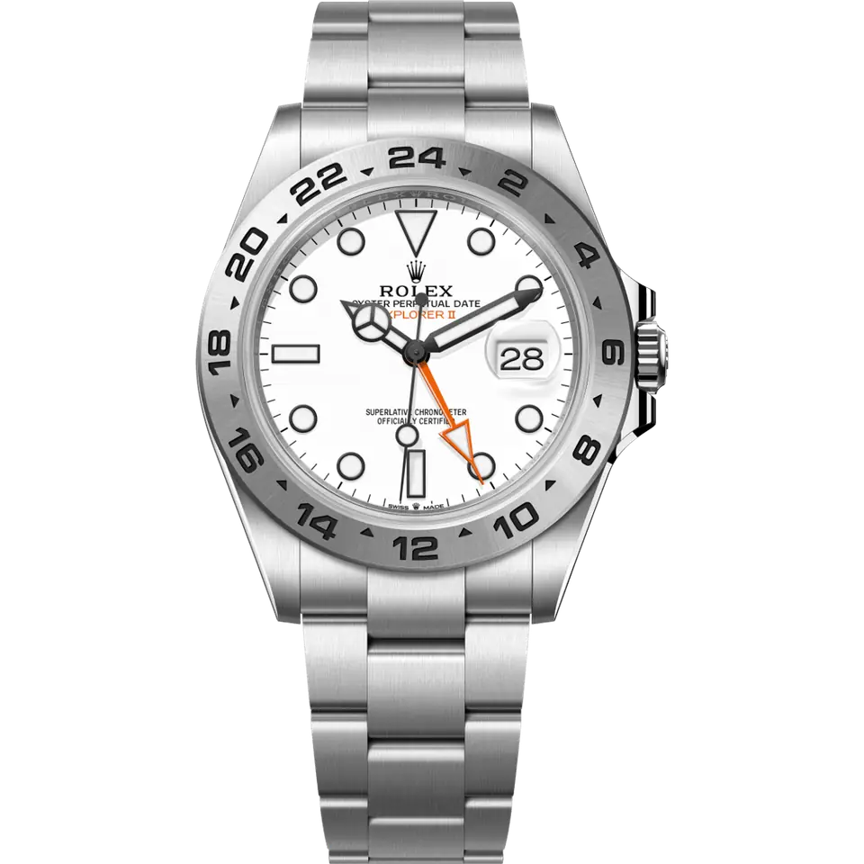 Rolex Explorer II 226570 with a white dial, orange 24-hour hand and a fixed steel 24-hour bezel on an Oyster bracelet, front view
