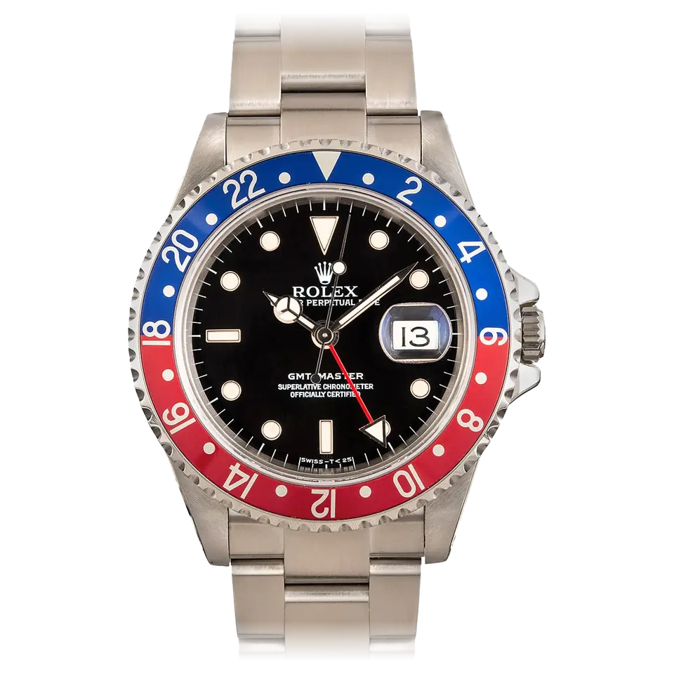 Rolex GMT-Master 16700 with a black dial and blue and red aluminium bezel insert on a steel Oyster bracelet, a pre-owned example, front view of the whole watch