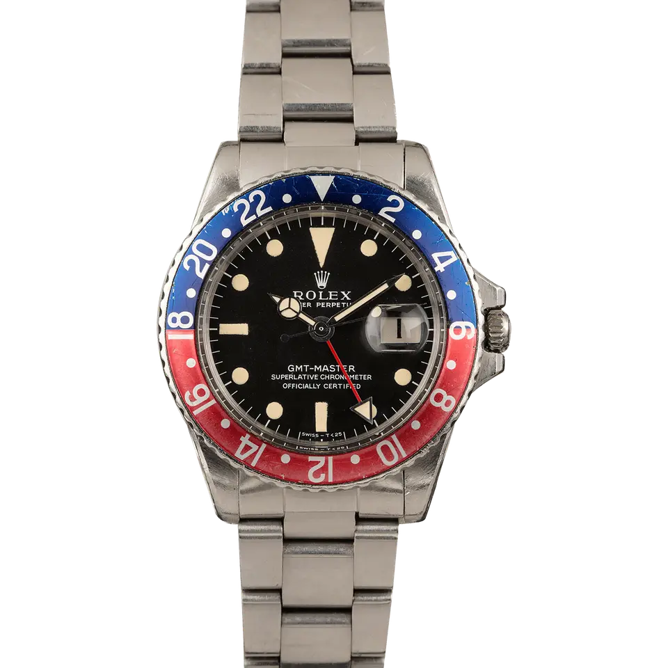 Rolex GMT-Master 1675 with a black dial and blue and red aluminium bezel insert on a steel Oyster bracelet, a pre-owned example, front view of the whole watch