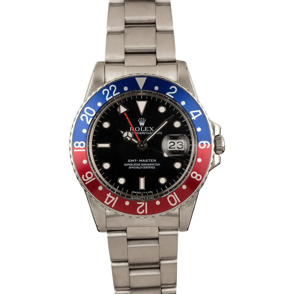 Rolex GMT-Master 16750 with a black dial and blue and red aluminium bezel insert on a steel Oyster bracelet, a pre-owned example, front view of the whole watch