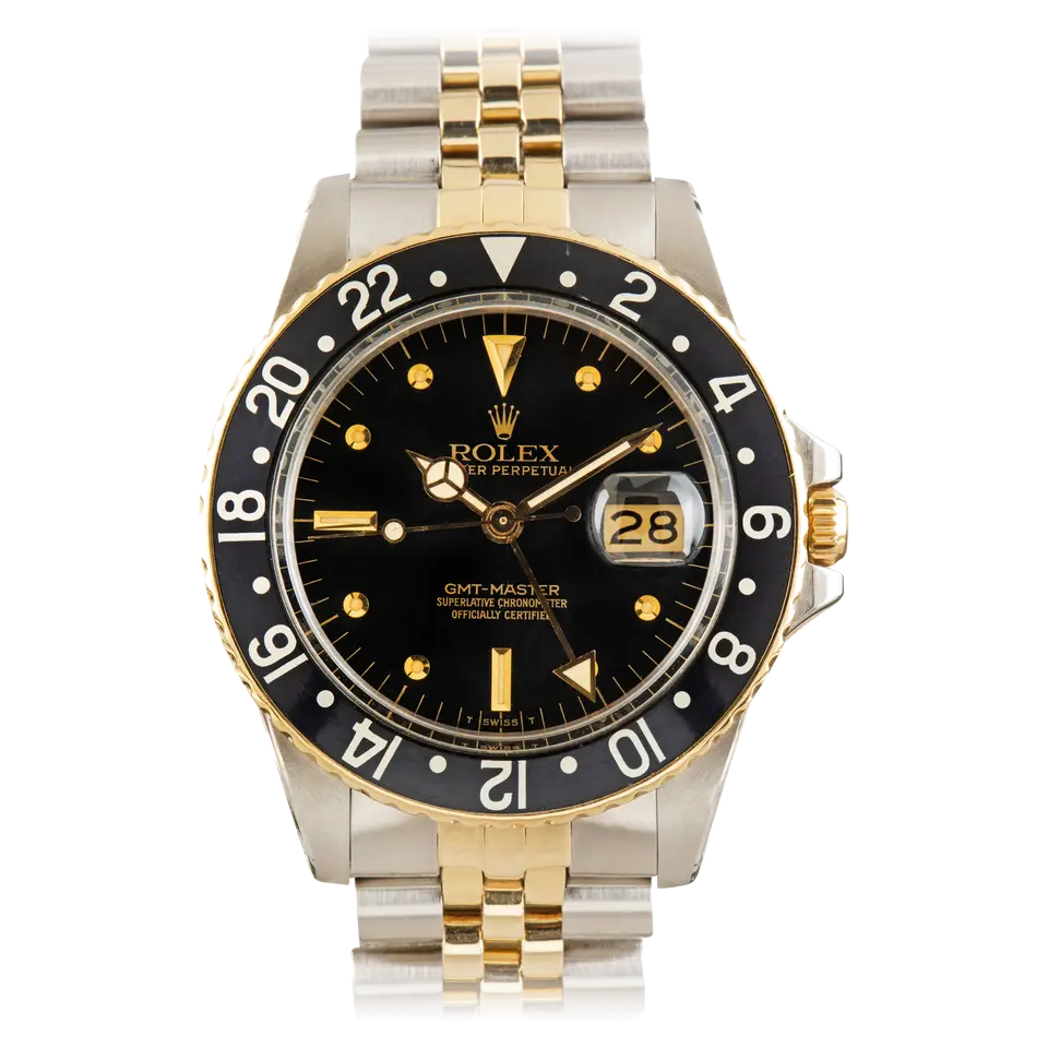Rolex GMT-Master 16753 with a black dial with round gold markers and a black 24-hour bezel insert on a two-tone Jubilee bracelet, a pre-owned example, front view of the whole watch