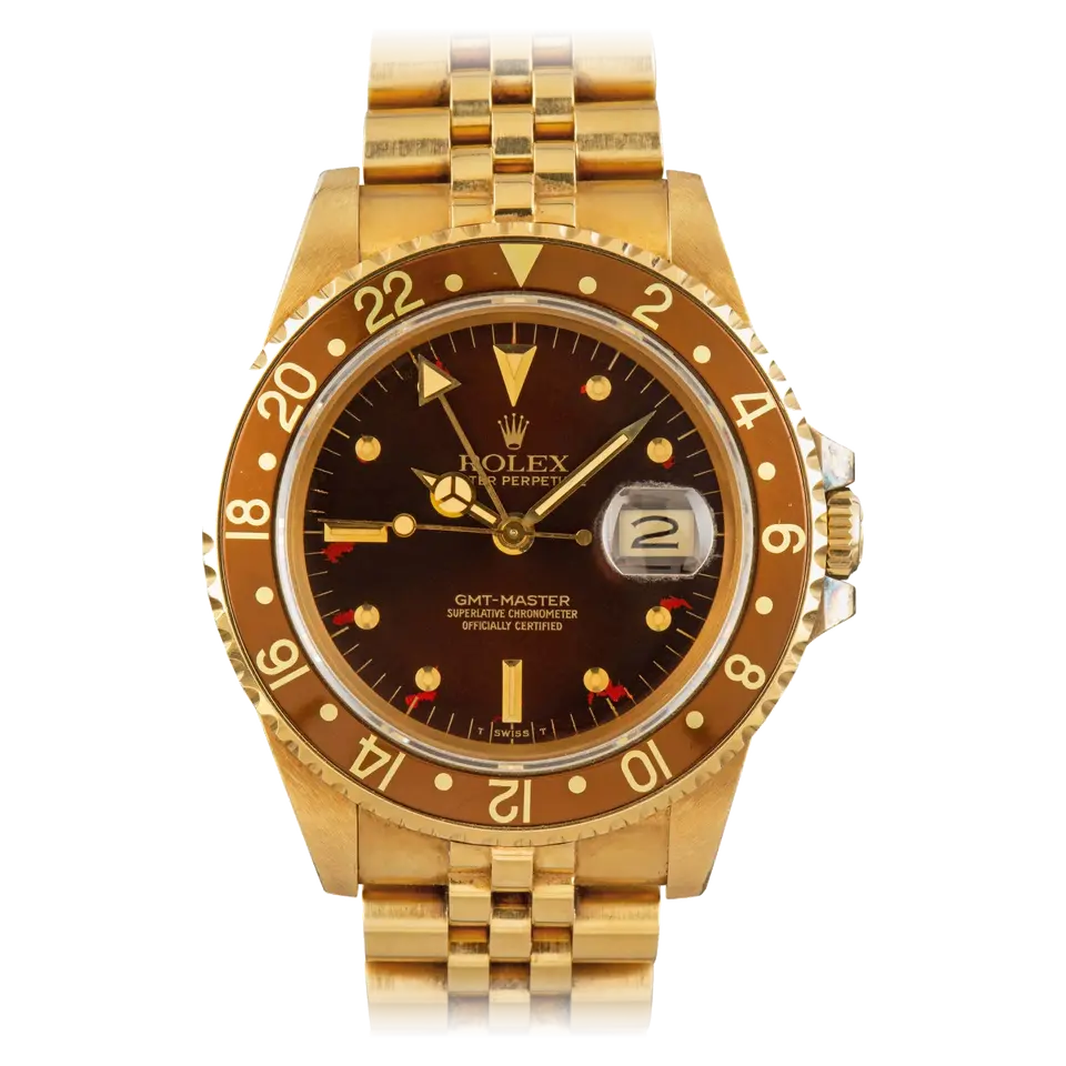 Rolex GMT-Master 16758 with a brown dial with round gold markers and brown bezel in yellow gold on a Jubilee bracelet, a pre-owned example, front view of the whole watch