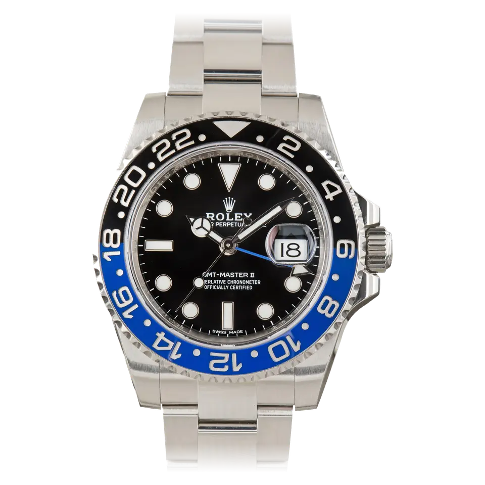 Rolex GMT-Master II 116710BLNR (Batman) with a black dial and blue and black ceramic bezel on a steel Oyster bracelet, a pre-owned example, front view of the whole watch