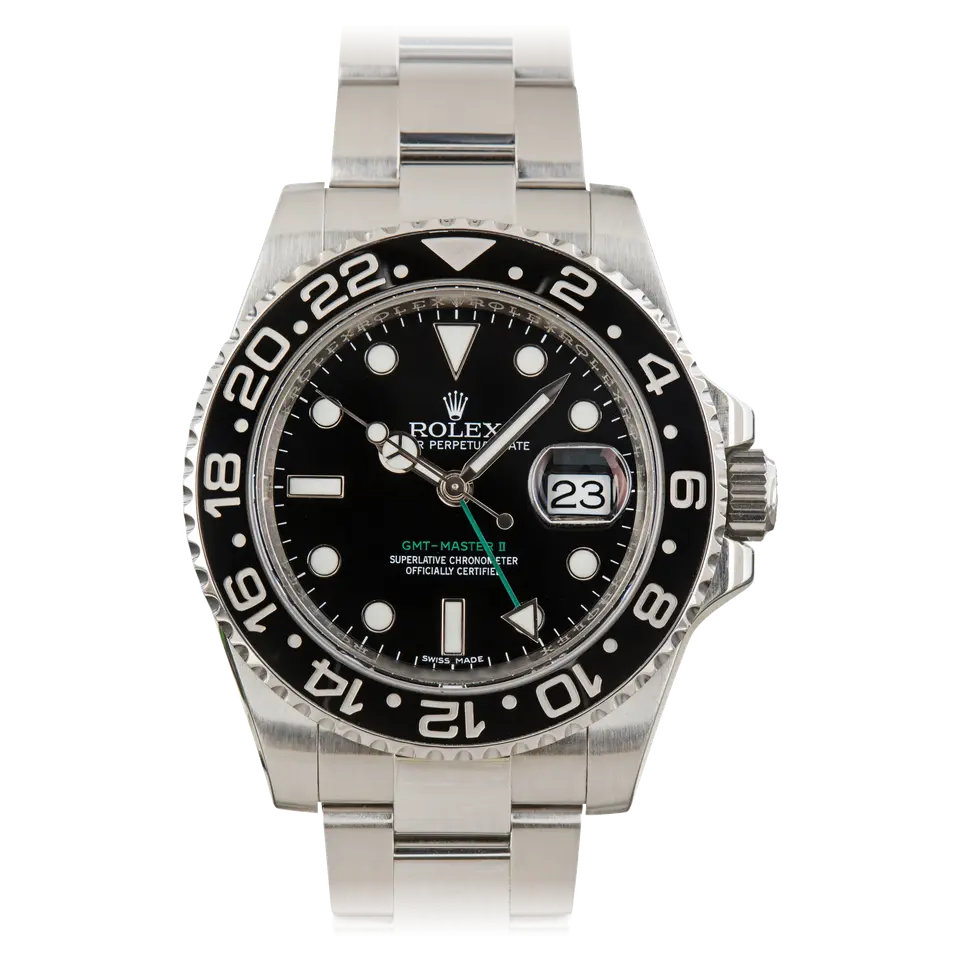 Rolex GMT-Master II 116710LN with a black dial, green GMT hand and black ceramic bezel on a steel Oyster bracelet, a pre-owned example, front view of the whole watch
